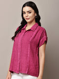 Begumpan Textured Cotton Round Neck Short Sleeves Shirt - Fuchsia Pink