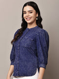 Begumpan Washed Mandarin Collar Shirt - Navy