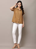 Begumpan Textured Cotton Round Neck Short Sleeves Shirt - Brown