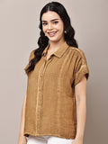 Begumpan Textured Cotton Round Neck Short Sleeves Shirt - Brown