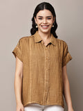 Begumpan Textured Cotton Round Neck Short Sleeves Shirt - Brown