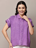 Begumpan Textured Cotton Round Neck Short Sleeves Shirt - Purple