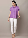 Begumpan Textured Cotton Round Neck Short Sleeves Shirt - Purple
