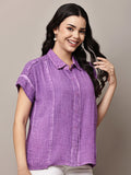 Begumpan Textured Cotton Round Neck Short Sleeves Shirt - Purple
