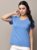 Begumpan Textured Cotton Round Neck Short Sleeves Top - Blue