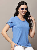 Begumpan Textured Cotton Round Neck Short Sleeves Top - Blue