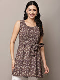 Begumpan Brown Floral Sleeveless Tunic with Waist Tie-Up - Brown