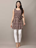 Begumpan Brown Floral Sleeveless Tunic with Waist Tie-Up - Brown