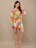 Begumpan Premium Printed Schiffle Shirt Dress - White Multi
