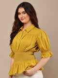 Begumpan Solid Cotton Smoking Waist Shirt - Musturd