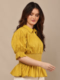 Begumpan Solid Cotton Smoking Waist Shirt - Musturd