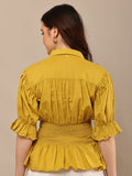 Begumpan Solid Cotton Smoking Waist Shirt - Musturd