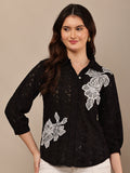 Begumpan Flower Emboridery Shirt with Beading Detail. - Black