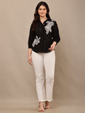 Begumpan Flower Emboridery Shirt with Beading Detail. - Black