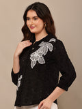 Begumpan Flower Emboridery Shirt with Beading Detail. - Black