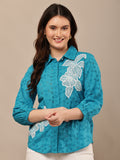 Begumpan Flower Emboridery Shirt with Beading Detail. - Turquoise