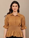 Begumpan Solid Cotton Smoking Waist Shirt - Brown