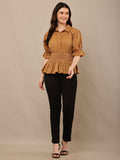 Begumpan Solid Cotton Smoking Waist Shirt - Brown