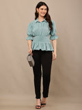Begumpan Solid Cotton Smoking Waist Shirt - Blue