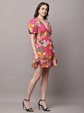 Begumpan Floral Printed Semi-Fitted Mini Dress - Pink