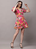 Begumpan Floral Printed Semi-Fitted Mini Dress - Pink