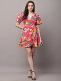 Begumpan Floral Printed Semi-Fitted Mini Dress - Pink