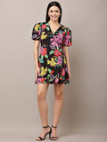 Begumpan Floral Printed Semi-Fitted Mini Dress - Black Multi