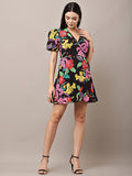 Begumpan Floral Printed Semi-Fitted Mini Dress - Black Multi