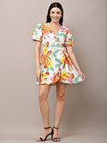 Begumpan Floral Printed Semi-Fitted Mini Dress - White Multi