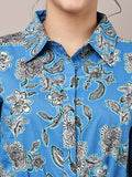 Begumpan Blue Floral Shirt Dress with Waist Tie-Up - Blue Multi