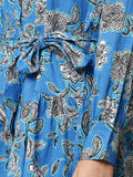 Begumpan Blue Floral Shirt Dress with Waist Tie-Up - Blue Multi