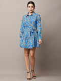 Begumpan Blue Floral Shirt Dress with Waist Tie-Up - Blue Multi