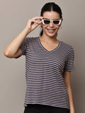 Begumpan Striped V-Neck T-Shirt - Grey