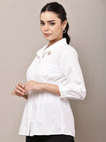 Begumpan Solid Pleated Shirt with Embellished Collar - White