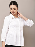 Begumpan Solid Pleated Shirt with Embellished Collar - White