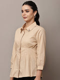 Begumpan Solid Pleated Shirt with Embellished Collar - Beige