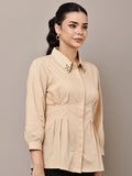 Begumpan Solid Pleated Shirt with Embellished Collar - Beige