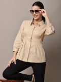 Begumpan Solid Pleated Shirt with Embellished Collar - Beige
