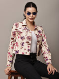 Begumpan Floral Printed Cropped Denim Jacket - Cream