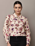 Begumpan Floral Printed Cropped Denim Jacket - Cream