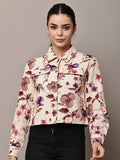 Begumpan Floral Printed Cropped Denim Jacket - Cream