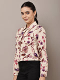 Begumpan Floral Printed Cropped Denim Jacket - Cream