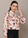 Begumpan Floral Printed Cropped Denim Jacket - Cream