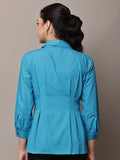 Begumpan Solid Pleated Shirt with Embellished Collar - Turquoise Blue