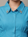 Begumpan Solid Pleated Shirt with Embellished Collar - Turquoise Blue