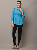 Begumpan Solid Pleated Shirt with Embellished Collar - Turquoise Blue