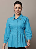 Begumpan Solid Pleated Shirt with Embellished Collar - Turquoise Blue