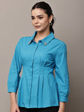 Begumpan Solid Pleated Shirt with Embellished Collar - Turquoise Blue