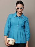 Begumpan Solid Pleated Shirt with Embellished Collar - Turquoise Blue