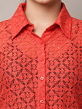 Begumpan Lace Full-Sleeve Sheer Shirt - Red